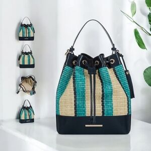 💙🔹️BRAHMIN🔹️ Anguilla Marlowe Striped Drawstring Straw Bucket Shoulder Bag